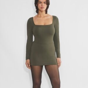 Aritzia contour enrich square neck bodysuit mini skirt dress set dark olive NWT